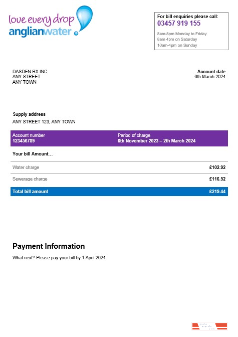 USA Anglian water business utility bill Word and PDF template PSD template